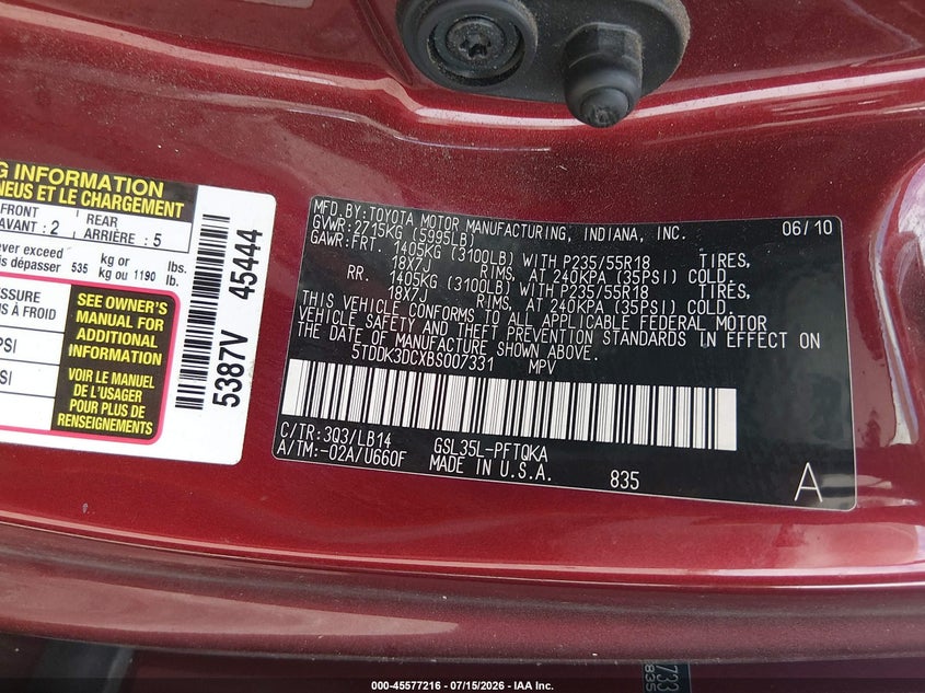 2011 Toyota Sienna VIN 5TDDK3DCXBS007331 IAAI salvage auction — FRONT END, Salvage (Tennessee), sold $1,050 on 2026-07-31 (photo 9)