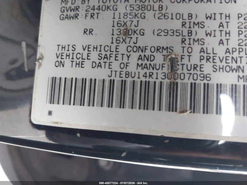 2003 Toyota 4runner VIN JTEBU14R130007096 IAAI salvage auction — NORMAL WEAR, Clear (New York), sold $1,650 on 2026-07-14 (photo 9)