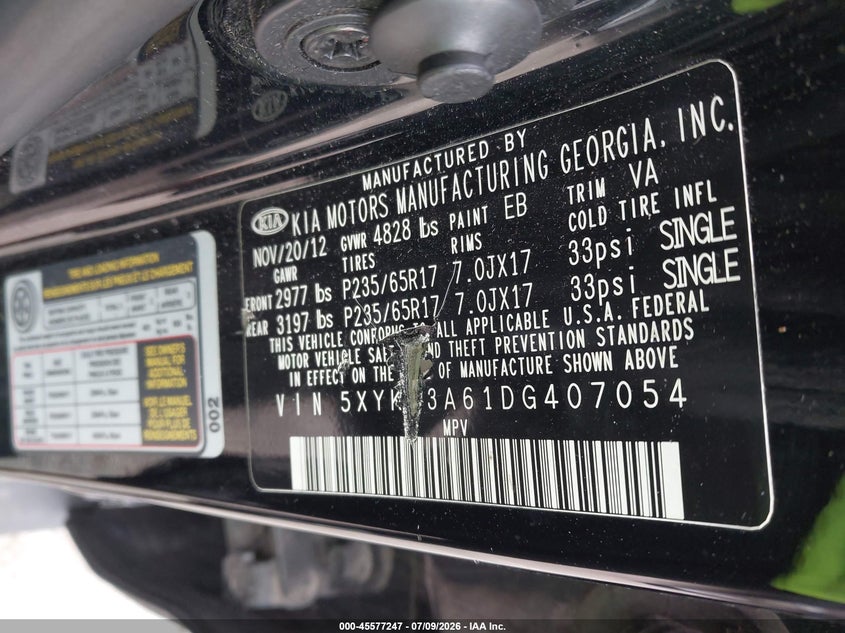 2013 Kia Sorento VIN 5XYKT3A61DG407054 IAAI salvage auction — NORMAL WEAR, Clear (Illinois), sold $425 on 2026-07-28 (photo 9)