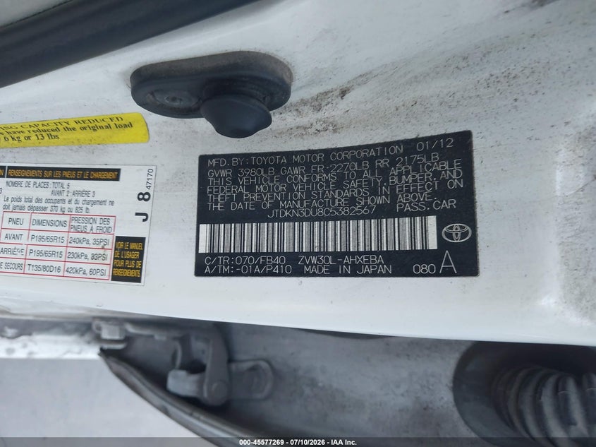 2012 Toyota Prius VIN JTDKN3DU8C5382567 IAAI salvage auction — NORMAL WEAR, Original (Texas), sold $25 on 2026-07-21 (photo 9)