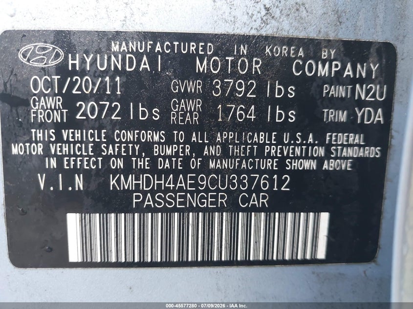 2012 Hyundai Elantra VIN KMHDH4AE9CU337612 IAAI salvage auction — THEFT, Salvage - Greater Than 75% (Maryland), sold $1,150 on 2026-07-26 (photo 9)