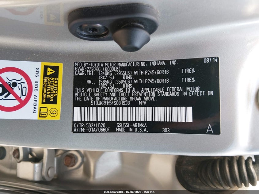 2015 Toyota Highlander VIN 5TDJKRFH5FS081938 IAAI salvage auction — RIGHT SIDE, Salvage Title, sold $25 on 2026-07-28 (photo 9)