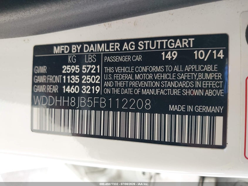 2015 Mercedes-benz E-klasse VIN WDDHH8JB5FB112208 IAAI salvage auction — RIGHT SIDE, Wait Title, sold $3,850 on 2026-08-05 (photo 9)