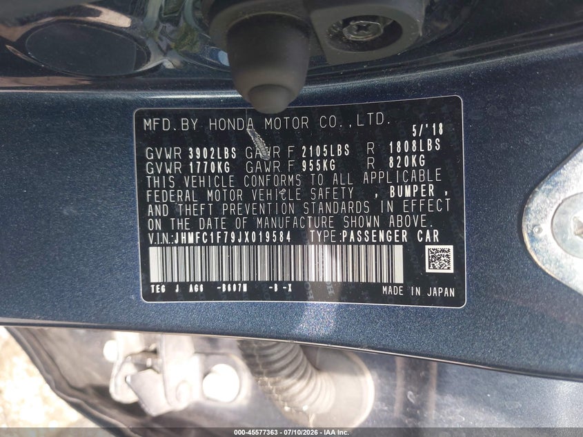 2018 Honda Civic VIN JHMFC1F79JX019584 IAAI salvage auction — SIDE, Salvage (Indiana), sold $3,950 on 2026-07-28 (photo 9)