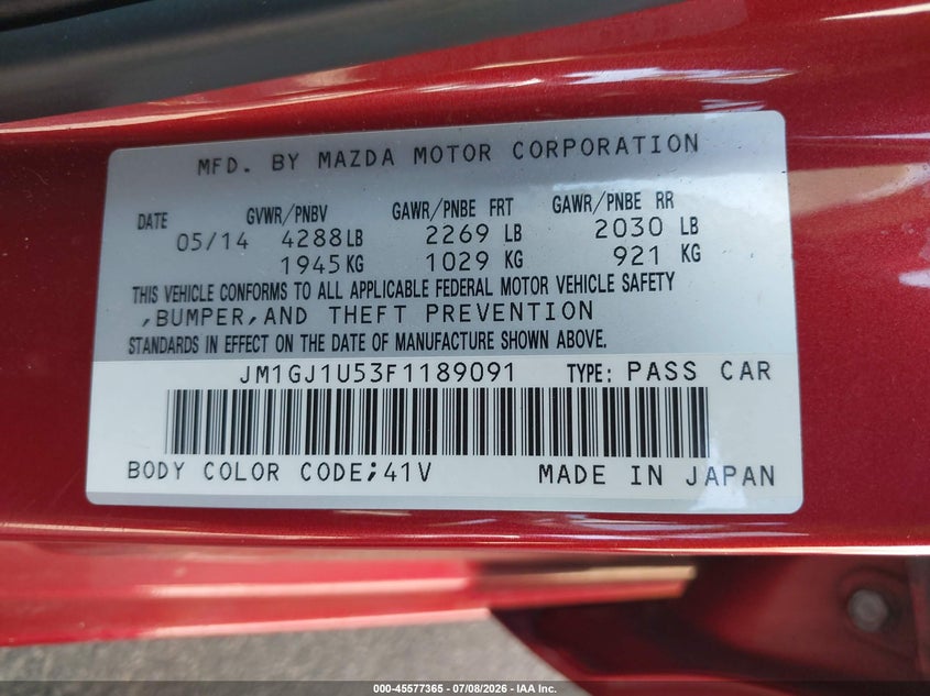 2015 Mazda 6 VIN JM1GJ1U53F1189091 IAAI salvage auction — SIDE, Salvage Title, sold $50 on 2026-07-28 (photo 9)