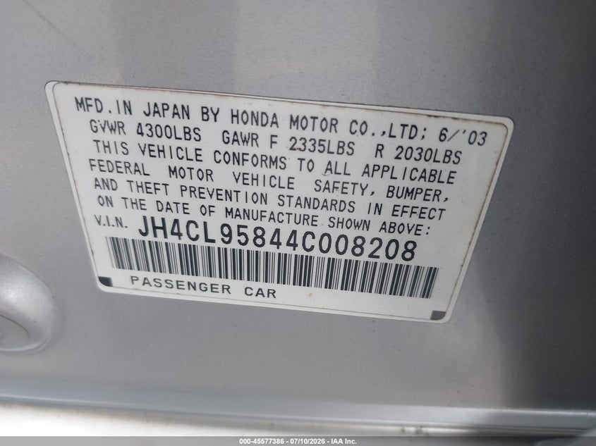 2004 Acura Tsx VIN JH4CL95844C008208 IAAI salvage auction — REAR END, Salvage (Connecticut), sold $825 on 2026-07-16 (photo 9)
