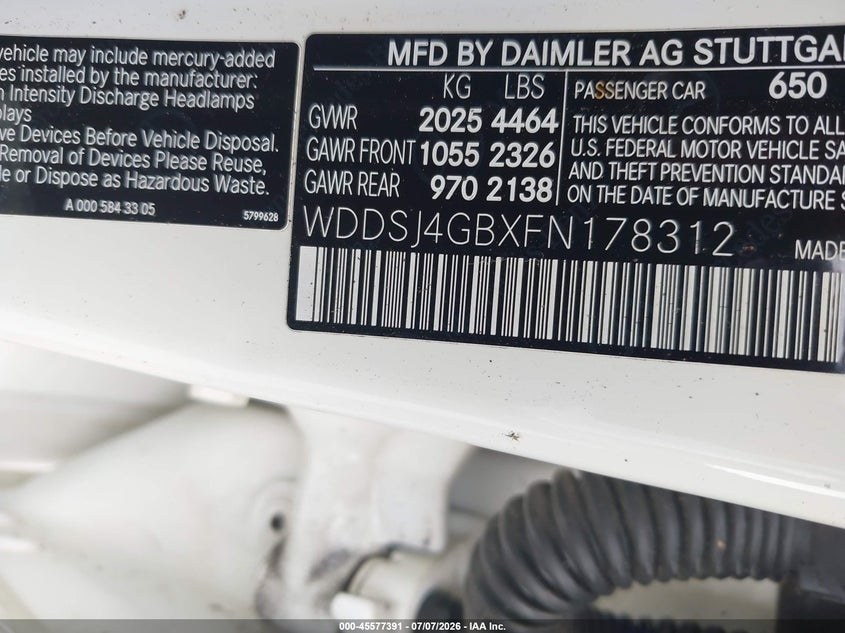 2015 Mercedes-benz Cla-class VIN WDDSJ4GBXFN178312 IAAI salvage auction — NORMAL WEAR, Clear (New York), sold $2,500 on 2026-07-14 (photo 9)