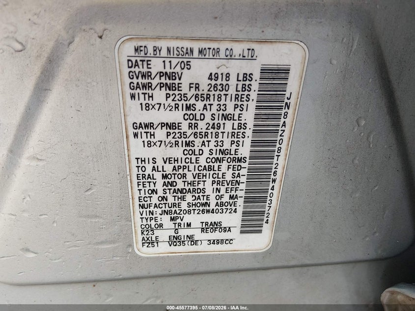 2006 Nissan Murano VIN JN8AZ08T26W403724 IAAI salvage auction — NORMAL WEAR, Clear (Alabama), sold $25 on 2026-07-20 (photo 9)