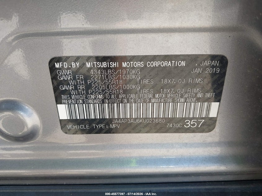 2019 Mitsubishi Outlander VIN JA4AP3AU6KU023680 IAAI salvage auction — SIDE, Wait Title, sold $2,350 on 2026-07-30 (photo 9)