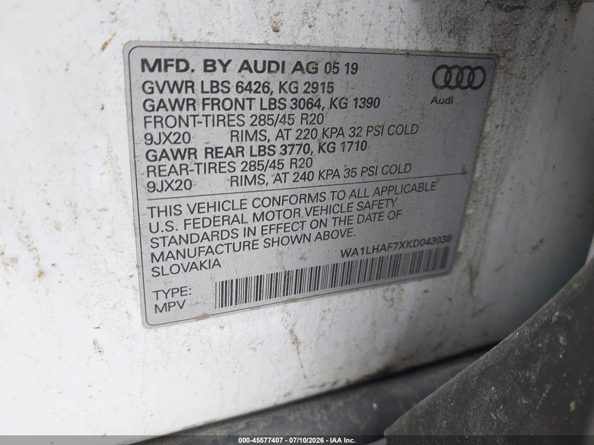 2019 Audi Q7 VIN WA1LHAF7XKD043038 IAAI salvage auction — FRONT END, Mv-907A (New York), sold $7,000 on 2026-07-28 (photo 9)