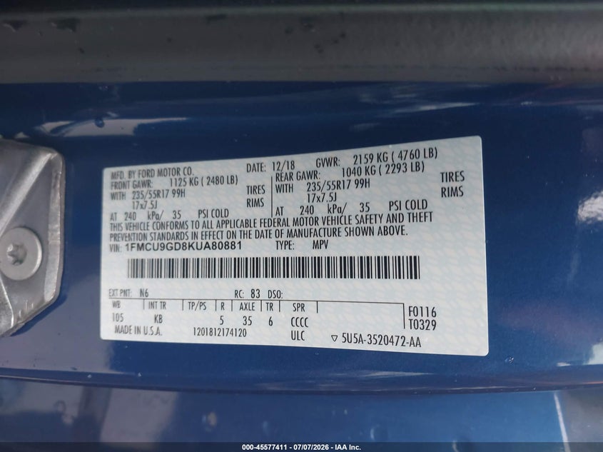 2019 Ford Escape VIN 1FMCU9GD8KUA80881 IAAI salvage auction — NORMAL WEAR, Sf97 (New Hampshire), sold $8,075 on 2026-07-31 (photo 9)