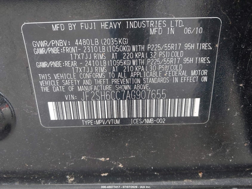 2010 Subaru Forester VIN JF2SH6CC7AG907655 IAAI salvage auction — NORMAL WEAR, Original (Maine), sold $1,400 on 2026-07-13 (photo 9)