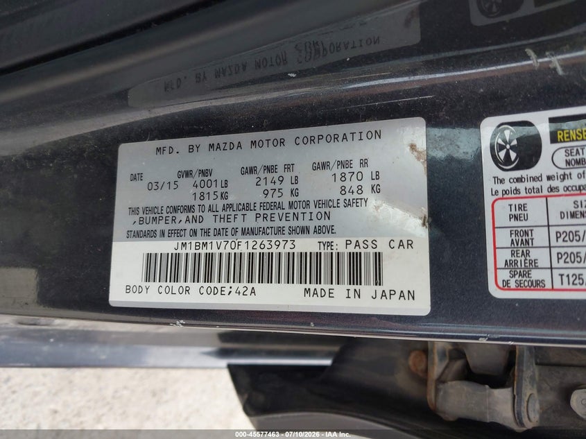 2015 Mazda 3 VIN JM1BM1V70F1263973 IAAI salvage auction — STORM DAMAGE, Salvage (Pennsylvania), sold $625 on 2026-07-29 (photo 9)
