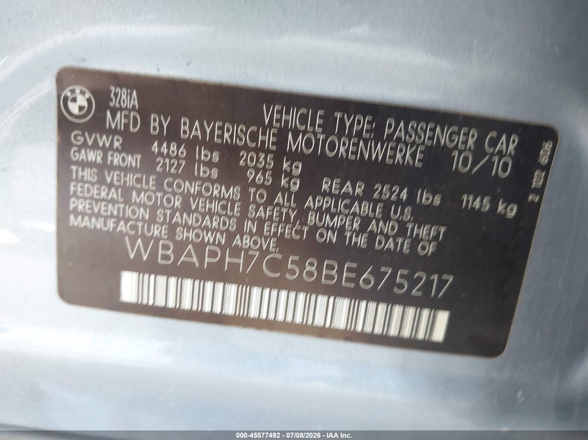 2011 BMW 3 series VIN WBAPH7C58BE675217 IAAI salvage auction — LEFT FRONT, Rebuildable (Florida), sold $25 on 2026-07-28 (photo 9)