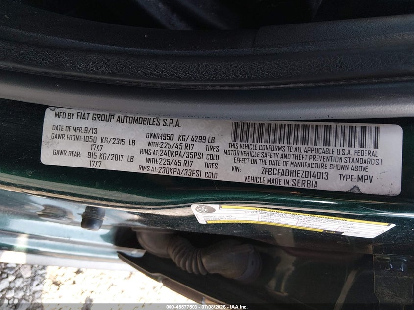 2014 Fiat 500l VIN ZFBCFADH1EZ014013 IAAI salvage auction — FRONT END, Clear (Arkansas), sold $950 on 2026-08-05 (photo 9)