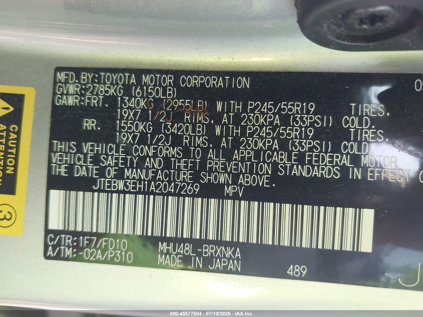2010 Toyota Highlander hybrid VIN JTEBW3EH1A2047269 IAAI salvage auction — NORMAL WEAR, Clear (Pennsylvania), sold $725 on 2026-07-24 (photo 9)