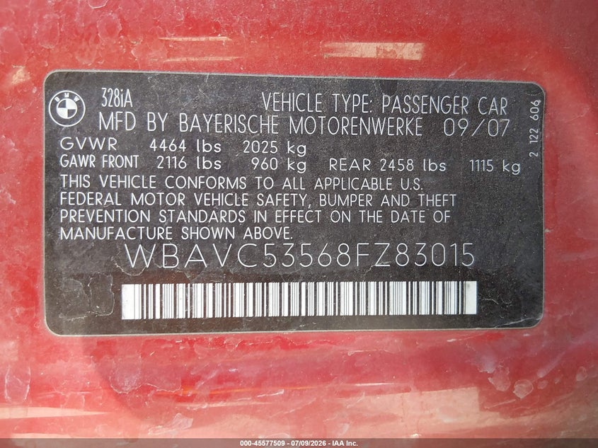 2008 BMW 3er VIN WBAVC53568FZ83015 IAAI salvage auction — NORMAL WEAR, Clear (Washington), sold $425 on 2026-07-31 (photo 9)