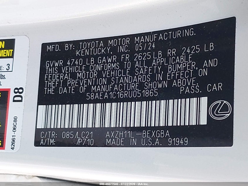 2024 Lexus ES VIN 58AEA1C16RU051865 IAAI salvage auction — FRONT END, Wait Title, sold $21,150 on 2026-09-29 (photo 9)