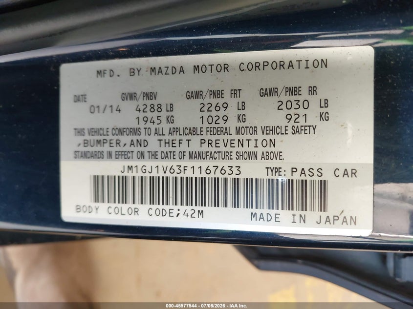 2015 Mazda 6 VIN JM1GJ1V63F1167633 IAAI salvage auction — FRONT END, Salvage (North Carolina), sold $725 on 2026-09-17 (photo 9)