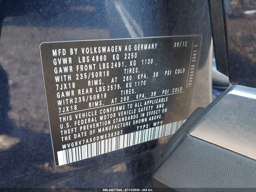 2013 Volkswagen Tiguan VIN WVGBV7AX0DW538307 IAAI salvage auction — NORMAL WEAR, Clear (New Jersey), sold $400 on 2026-07-29 (photo 9)