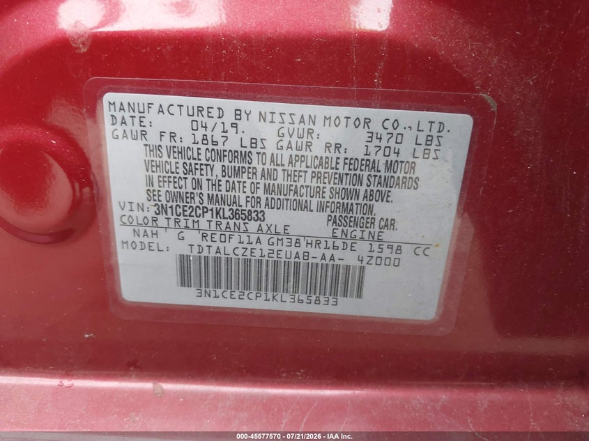 2019 Nissan Versa VIN 3N1CE2CP1KL365833 IAAI salvage auction — FRONT & REAR, Salvage (Rhode Island), sold $25 on 2026-09-10 (photo 9)