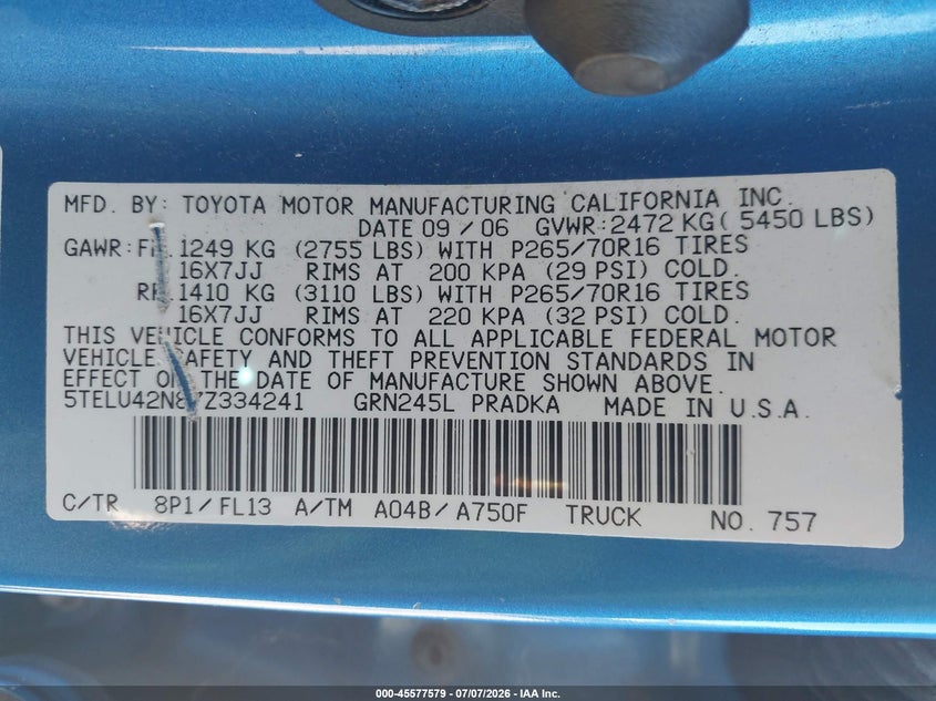 2007 Toyota Tacoma VIN 5TELU42N87Z334241 IAAI salvage auction — NORMAL WEAR, Clear - Dealer Only (California), sold $5,825 on 2026-07-22 (photo 9)