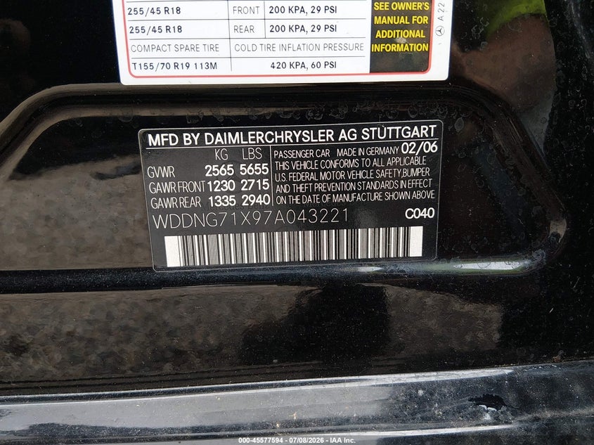 2007 Mercedes-benz S class VIN WDDNG71X97A043221 IAAI salvage auction — FRONT & REAR, Salvage - Greater Than 75% (Maryland), sold $1,325 on 2026-07-30 (photo 9)