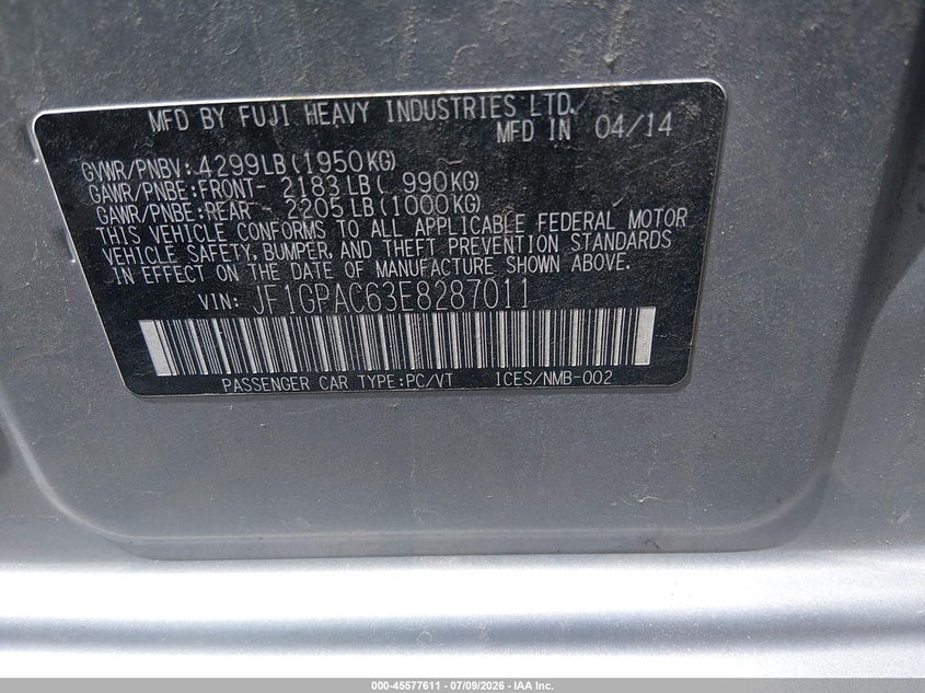 2014 Subaru Impreza VIN JF1GPAC63E8287011 IAAI salvage auction — SIDE, Salvage (Utah), sold $1,825 on 2026-07-23 (photo 9)