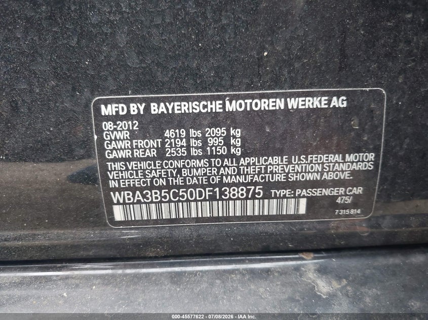 2013 BMW 3 series VIN WBA3B5C50DF138875 IAAI salvage auction — NORMAL WEAR, Clear (Maryland), sold $600 on 2026-07-29 (photo 9)