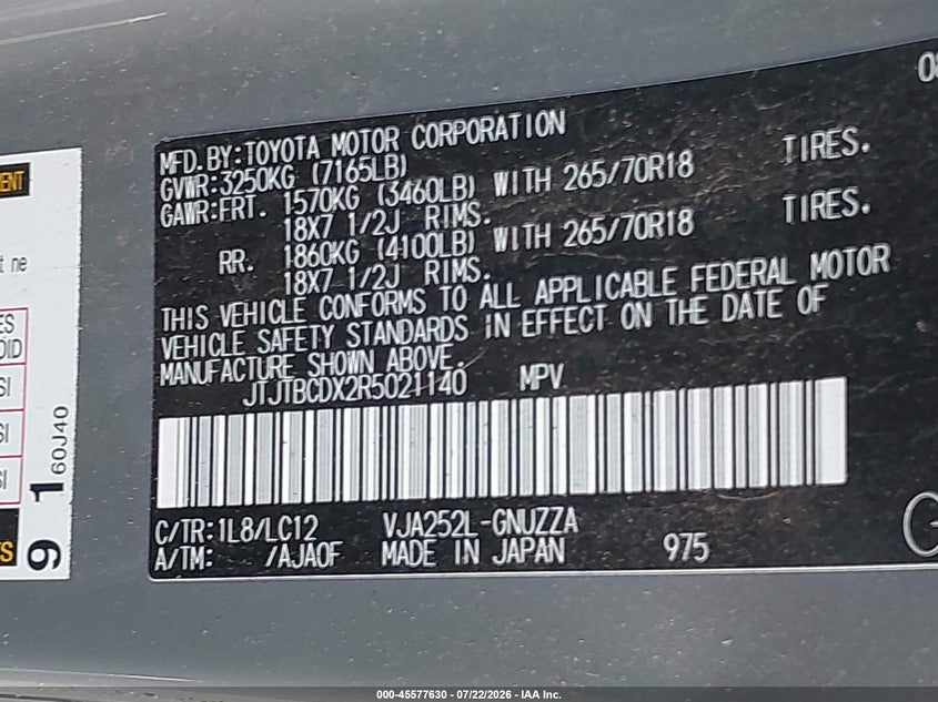 2024 Lexus Gx VIN JTJTBCDX2R5021140 IAAI salvage auction — ROLLOVER, Salvage Title, sold $21,600 on 2026-08-25 (photo 9)