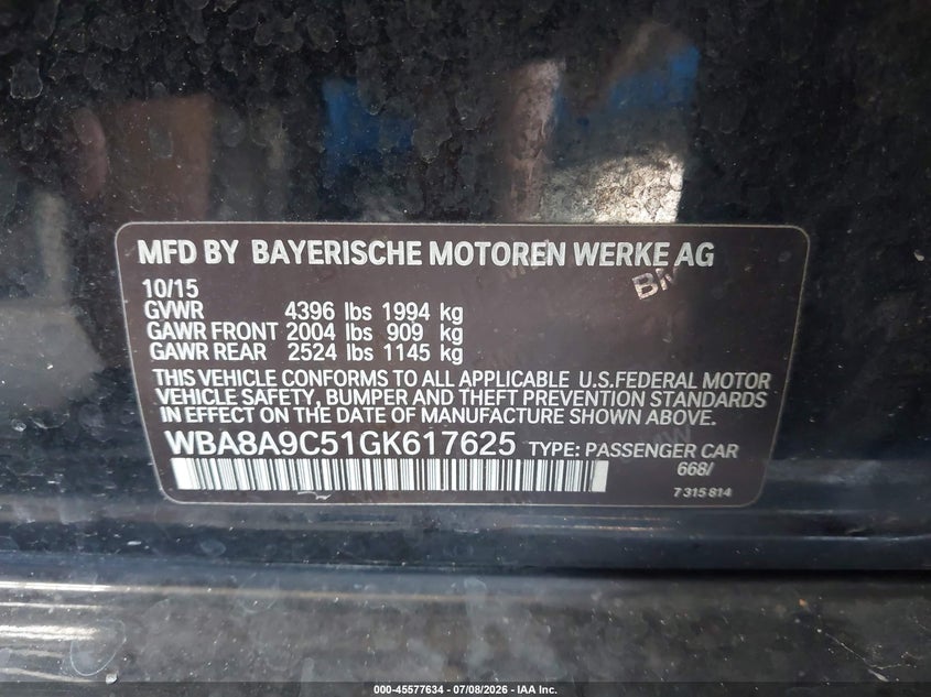 2016 BMW 3er VIN WBA8A9C51GK617625 IAAI salvage auction — FRONT END, Rebuildable (Florida), sold $1,450 on 2026-08-05 (photo 9)