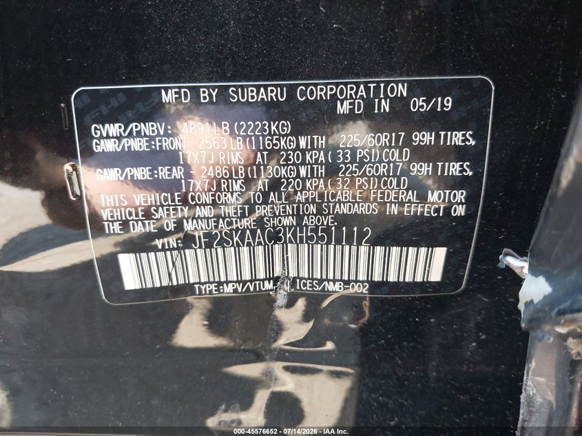 2019 Subaru Forester VIN JF2SKAAC3KH551112 IAAI salvage auction — SIDE, Salvage - Greater Than 75% (Maryland), sold $1,900 on 2026-07-28 (photo 9)