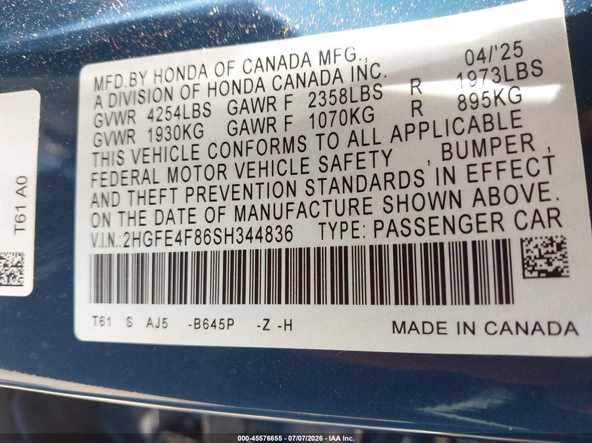 2025 Honda Civic VIN 2HGFE4F86SH344836 IAAI salvage auction — RIGHT FRONT, Wait Title, sold $10,900 on 2026-08-22 (photo 9)