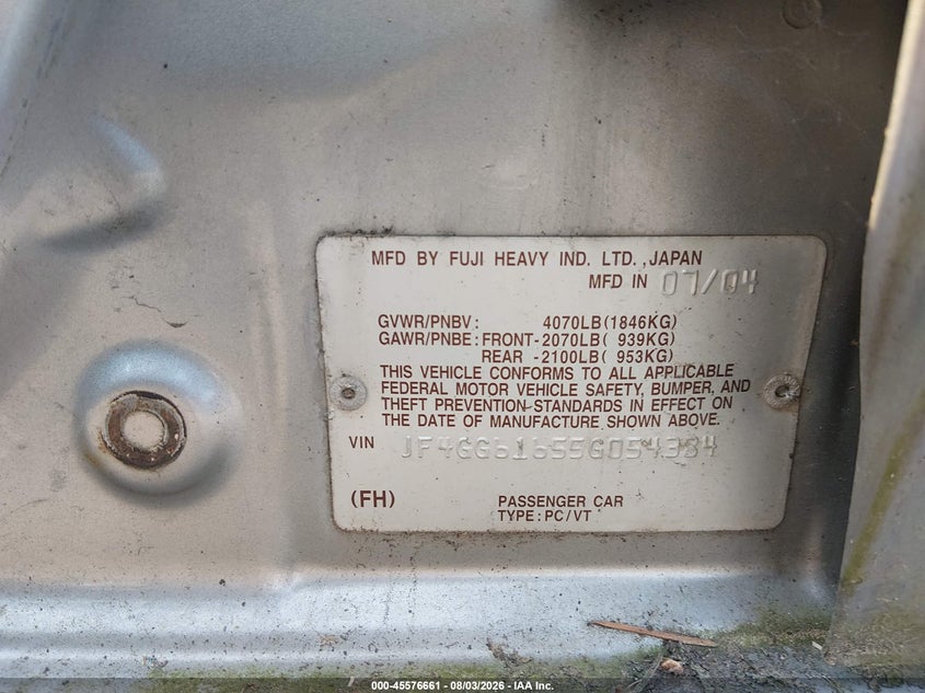 2005 Saab 9-2 VIN JF4GG61655G054384 IAAI salvage auction — NORMAL WEAR, Clear (Washington), sold $175 on 2026-08-12 (photo 9)