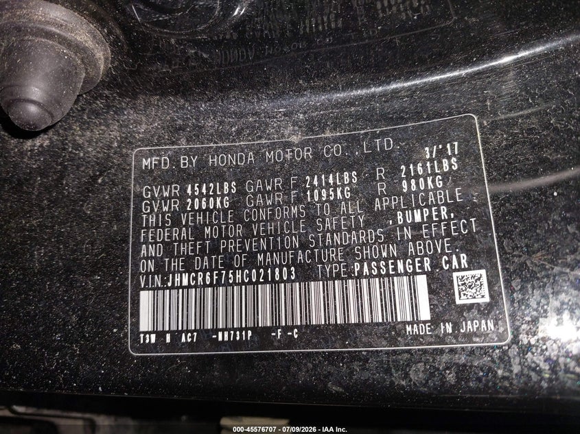 2017 Honda Accord VIN JHMCR6F75HC021803 IAAI salvage auction — REAR END, Salvage (Pennsylvania), sold $2,500 on 2026-07-16 (photo 9)