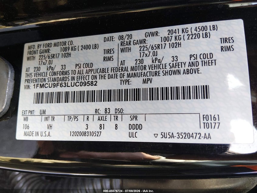 2020 Ford Escape VIN 1FMCU9F63LUC09582 IAAI salvage auction — NORMAL WEAR, SF97 (Rhode Island), sold $7,525 on 2026-07-27 (photo 9)