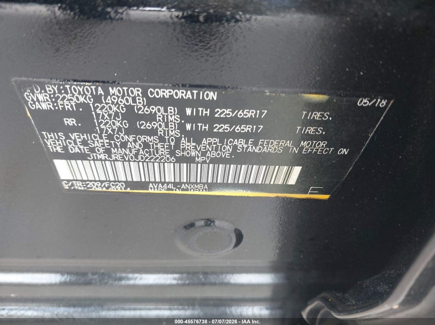2018 Toyota Rav 4 VIN JTMRJREV0JD222206 IAAI salvage auction — REAR END, Salvage Title, sold $4,550 on 2026-07-29 (photo 9)