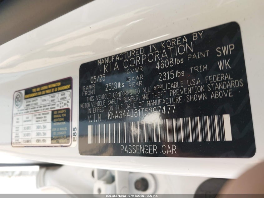 2026 Kia K5 VIN KNAG44J81T5397477 IAAI salvage auction — FRONT END, Wait Title, sold $10,025 on 2026-09-01 (photo 9)