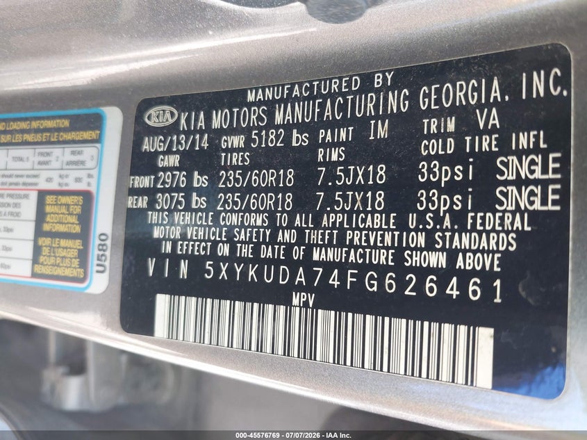 2015 Kia Sorento VIN 5XYKUDA74FG626461 IAAI salvage auction — NORMAL WEAR, Clear - Public Restricted (Oklahoma), sold $1,350 on 2026-07-28 (photo 9)