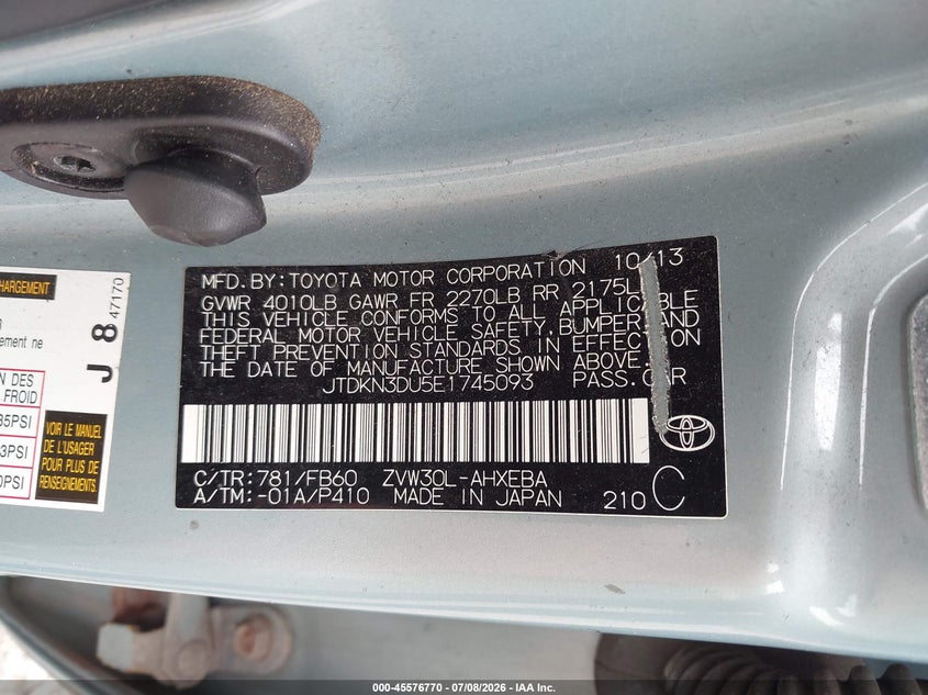 2014 Toyota Prius VIN JTDKN3DU5E1745093 IAAI salvage auction — FRONT END, Salvage (Pennsylvania), sold $675 on 2026-07-28 (photo 9)