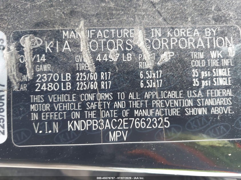 2014 Kia Sportage VIN KNDPB3AC2E7662325 IAAI salvage auction — LEFT FRONT, Salvage (Pennsylvania), sold $1,400 on 2026-07-29 (photo 9)