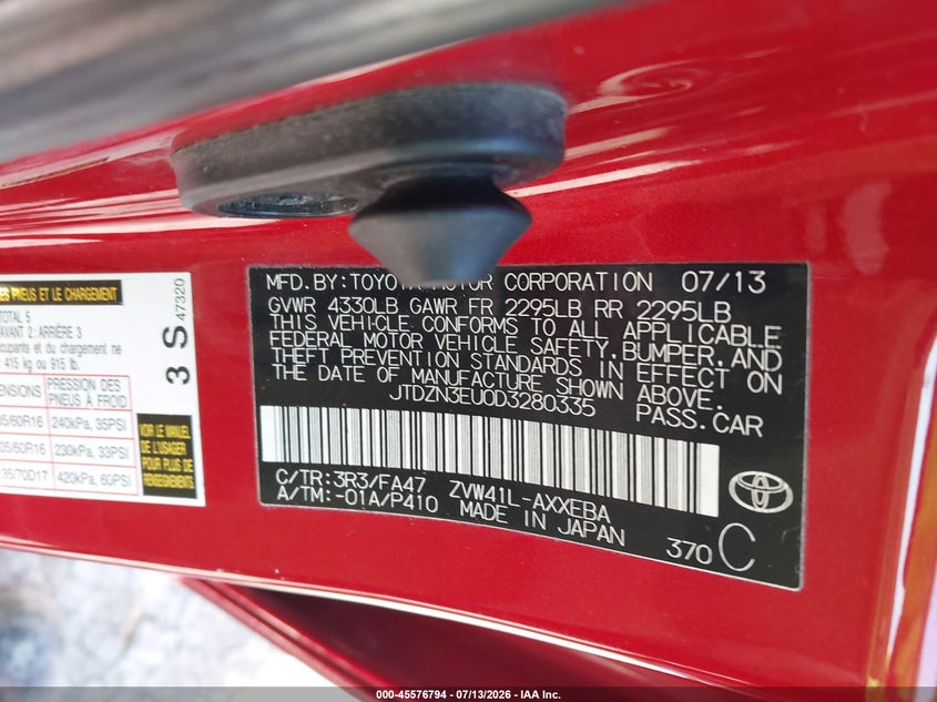 2013 Toyota Prius v VIN JTDZN3EU0D3280335 IAAI salvage auction — NORMAL WEAR, Clear (Indiana), sold $725 on 2026-07-28 (photo 9)