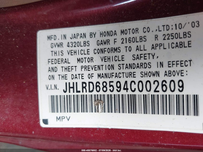 2004 Honda Cr-v VIN JHLRD68594C002609 IAAI salvage auction — FRONT END, Rebuildable (Florida), sold $350 on 2026-07-28 (photo 9)