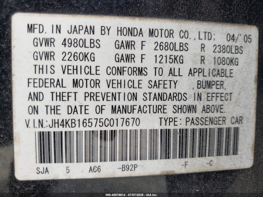 2005 Acura Rl VIN JH4KB16575C017670 IAAI salvage auction — REAR END, Clear-Dealer Only (North Carolina), sold $475 on 2026-07-28 (photo 9)