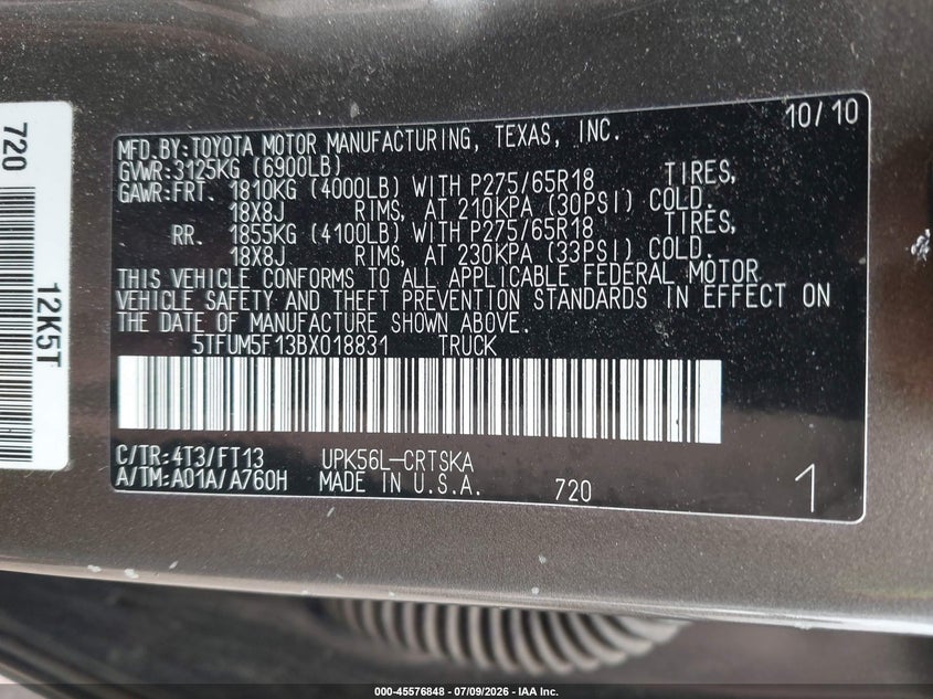 2011 Toyota Tundra VIN 5TFUM5F13BX018831 IAAI salvage auction — FRONT END, Junk Bill Of Sale Mv2459 (Wisconsin), sold $3,150 on 2026-07-22 (photo 9)