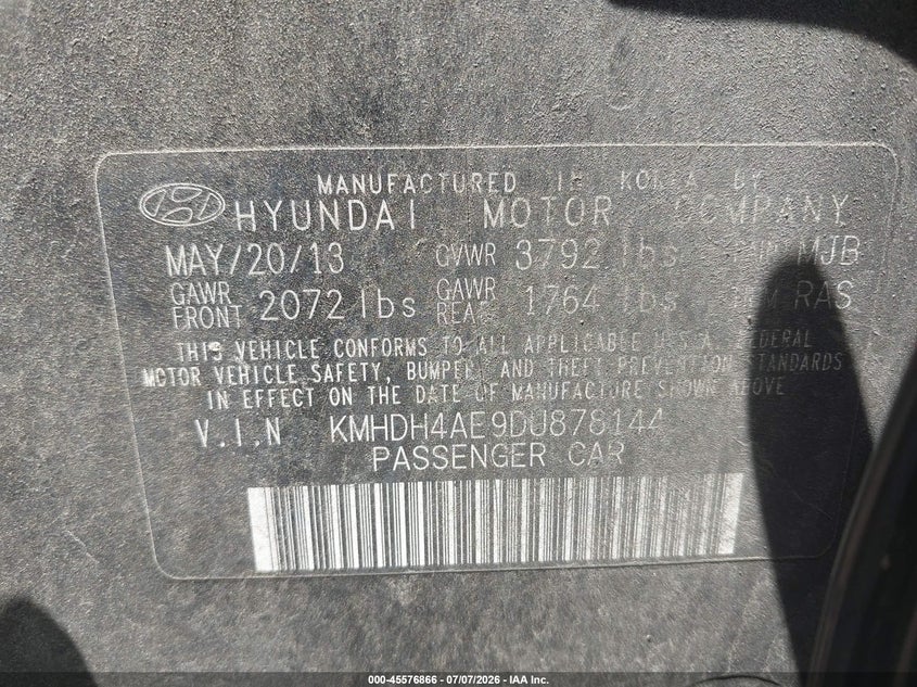 2013 Hyundai Elantra VIN KMHDH4AE9DU878144 IAAI salvage auction — NORMAL WEAR, Salvage Title, sold $925 on 2026-07-29 (photo 9)