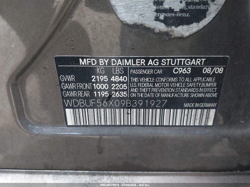 2009 Mercedes-benz E-class VIN WDBUF56X09B391927 IAAI salvage auction — NORMAL WEAR, Clear - Dealer Only (California), sold $400 on 2026-07-29 (photo 9)
