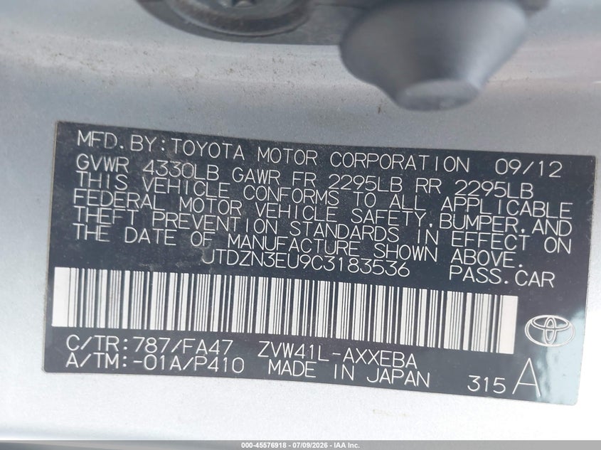 2012 Toyota Prius v VIN JTDZN3EU9C3183536 IAAI salvage auction — NORMAL WEAR, Original (Ohio), sold $125 on 2026-07-22 (photo 9)