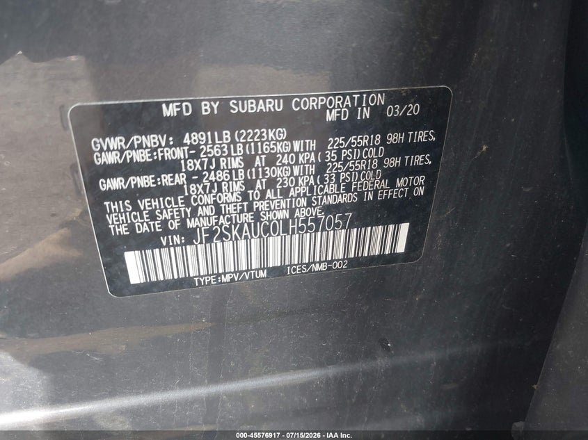 2020 Subaru Forester VIN JF2SKAUC0LH557057 IAAI salvage auction — FRONT END, Salvage (Virginia), sold $3,700 on 2026-07-31 (photo 9)