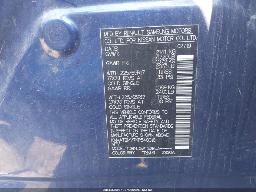 2019 Nissan Rogue VIN KNMAT2MV7KP540016 IAAI salvage auction — SIDE, Salvage (Pennsylvania), sold $2,400 on 2026-08-02 (photo 9)